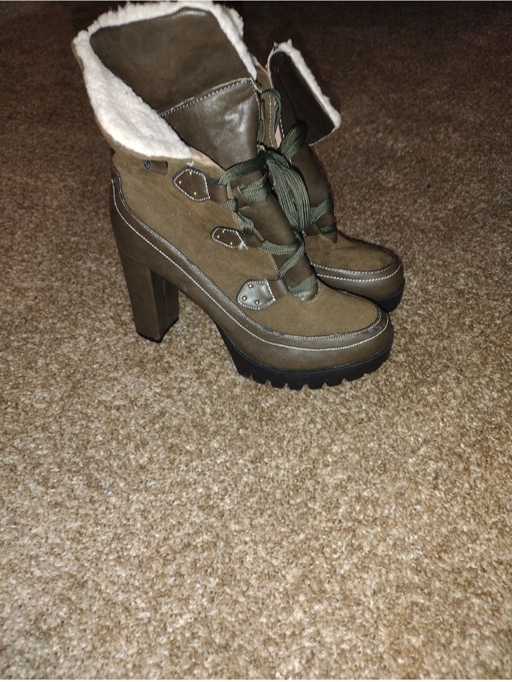 Women's Olive Green Shearling-Lined Lace-Up High Heel Booties